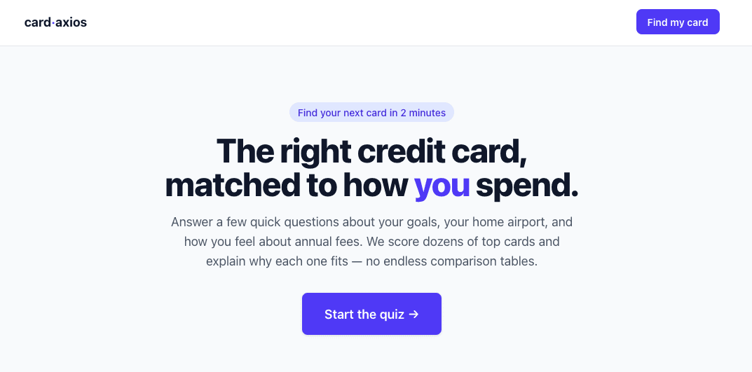 Card-Axios landing page inviting visitors to take a two-minute credit card matching quiz